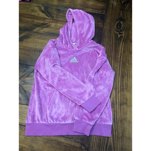 Fuzzy Pink Adidas Girls Hoodie with front pocket size XL size 16 velour feel - Picture 2 of 8